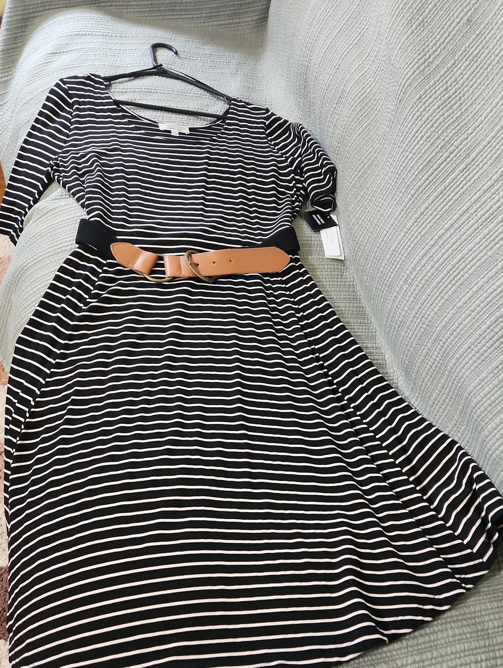 Black & White Striped Women’s Fit-and-Flare Dress with Belt